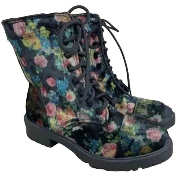 STEVE MADDEN Velvet Floral REX Combat Boots 90s Grunge Punk Alternative SZ 7.5 - Picture 4 of 8